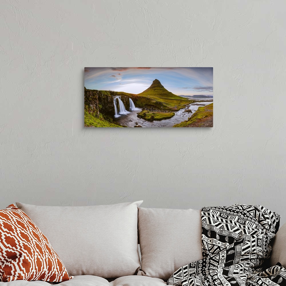 A bohemian room featuring Mount Kirkjufell and its waterfalls at sunset, Snaefellsnes peninsula, Iceland