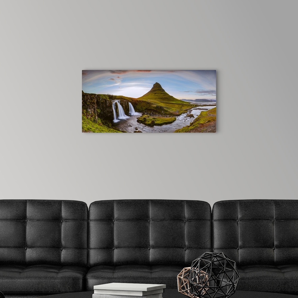 A modern room featuring Mount Kirkjufell and its waterfalls at sunset, Snaefellsnes peninsula, Iceland