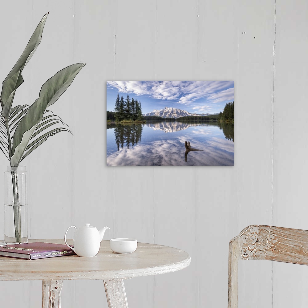 A farmhouse room featuring Mount Rundle reflected in Two Jack Lake, Banff National Park, Alberta, Canada.