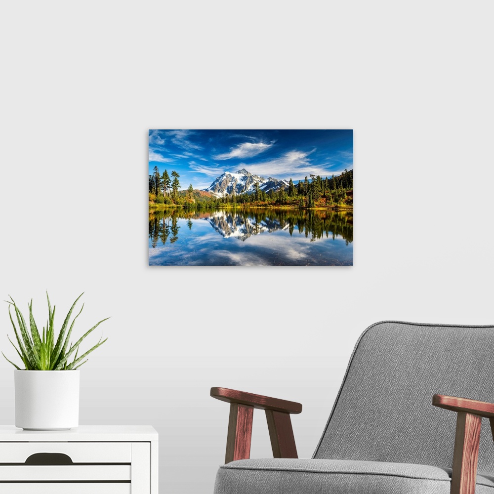 A modern room featuring Mount Shuksan Reflecting In Picture Lake, Mt. Baker-Snoqualmie National Forest, Washington, USA