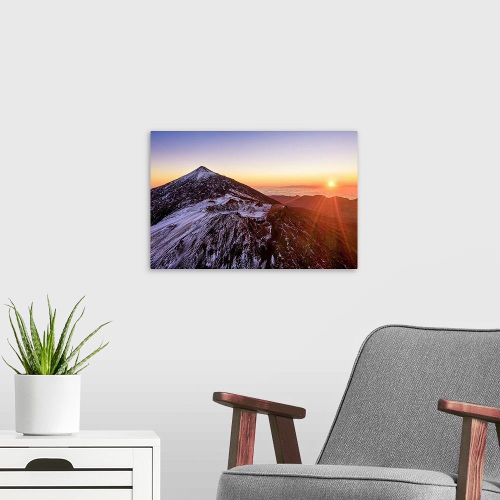 A modern room featuring Aerial view of mount Teide and the Pico Viejo at sunrise. Teide National Park, Tenerife Canary Is...