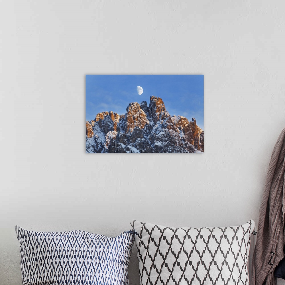 A bohemian room featuring Mountain impression Cadini di Misurina and moon. Italy, Veneto, Belluno, Sexten Dolomites, Lago A...