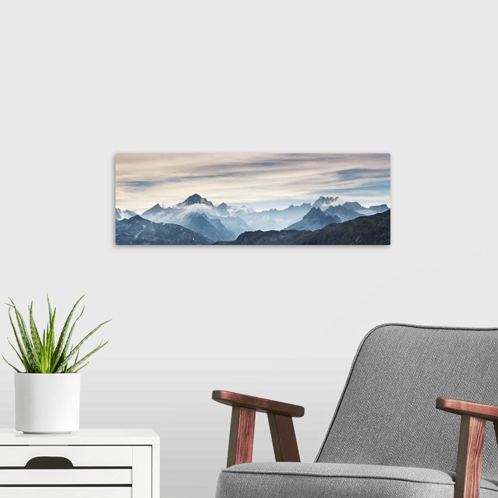 A modern room featuring Mountain impression Finsteraarhorn, Lauteraarhorn and Schreckhorn. Switzerland, Valais, Uri, Furk...