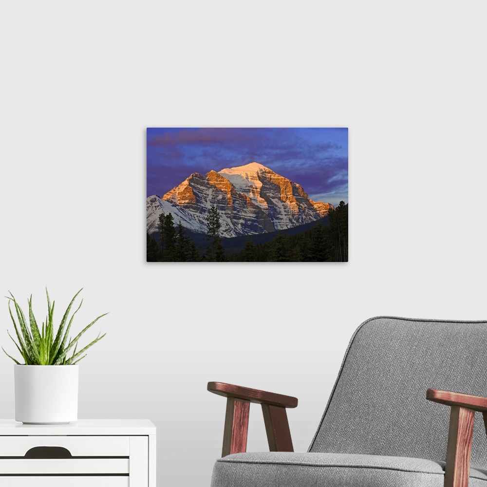 A modern room featuring Mountain peak at sunrise at Lake Louise.  , Banff National Park, Alberta, Canada