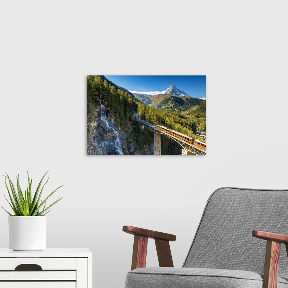A modern room featuring Mountain Train & Matterhorn, Zermatt, Valais Region, Switzerland.