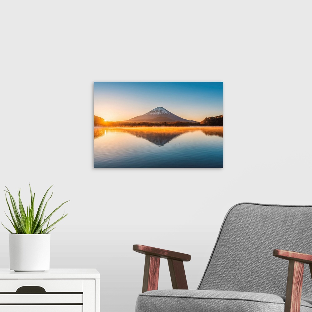 A modern room featuring Mt Fuji seen from lake Shoji, Yamanashi Prefecture, Japan.