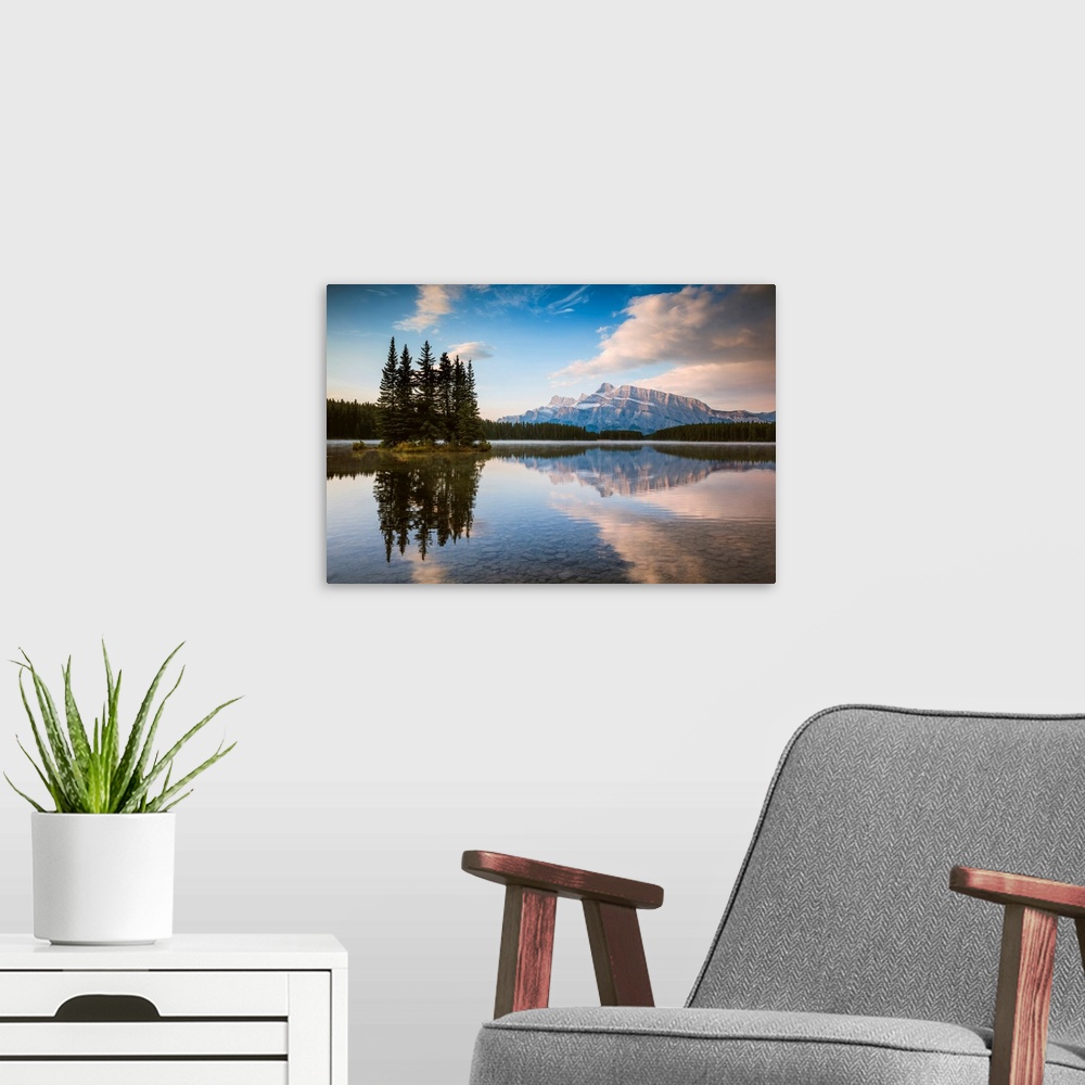 A modern room featuring Mt Rundle At Sunrise, Two Jack Lake, Banff National Park, Alberta, Canada
