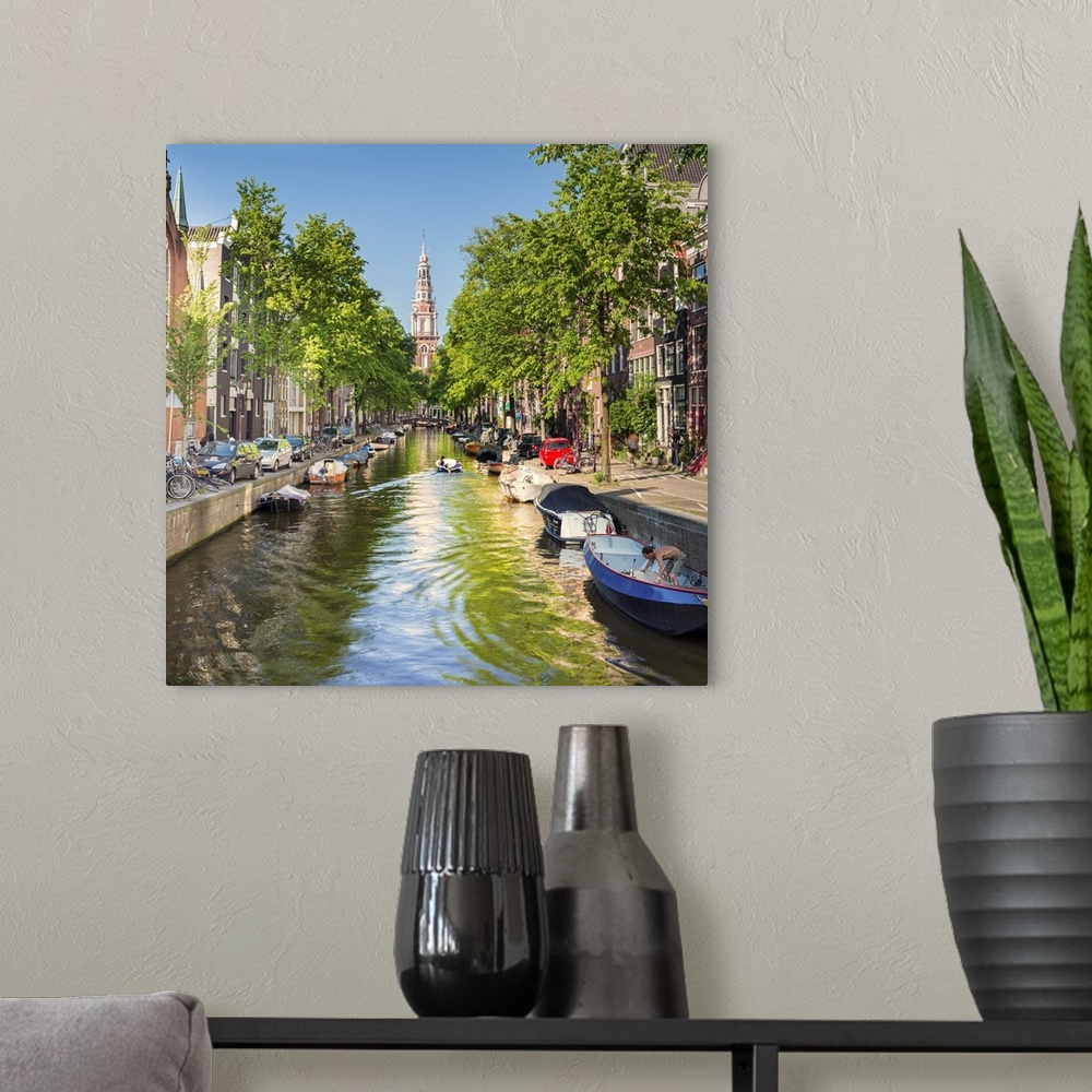 A modern room featuring Netherlands, North Holland, Amsterdam. The Zuiderkerk bell tower