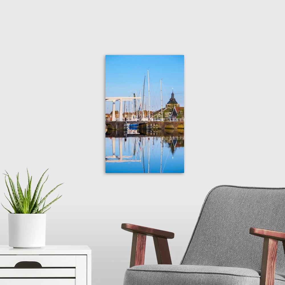 A modern room featuring Netherlands, North Holland, Enkhuizen. Darwbridge in the Oude Haven (Old Harbor).