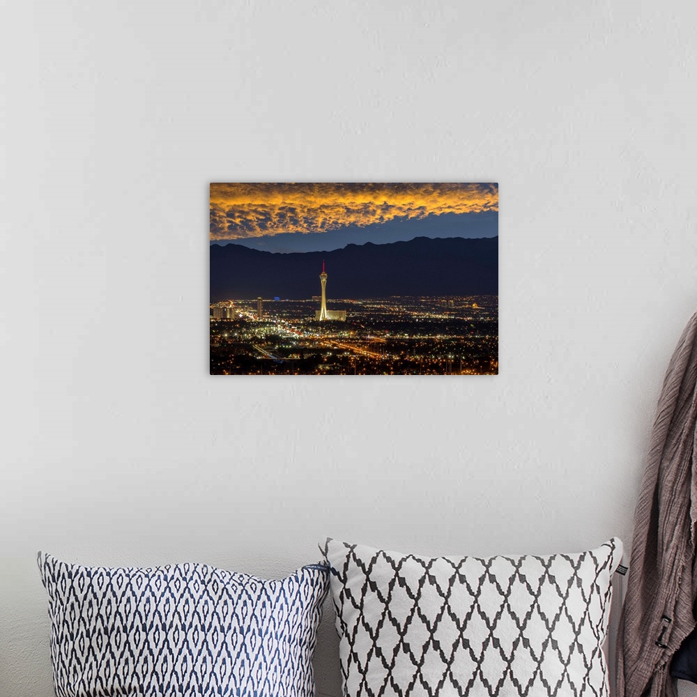 A bohemian room featuring USA, Nevada, Las Vegas, Stratosphere and downtown at night.