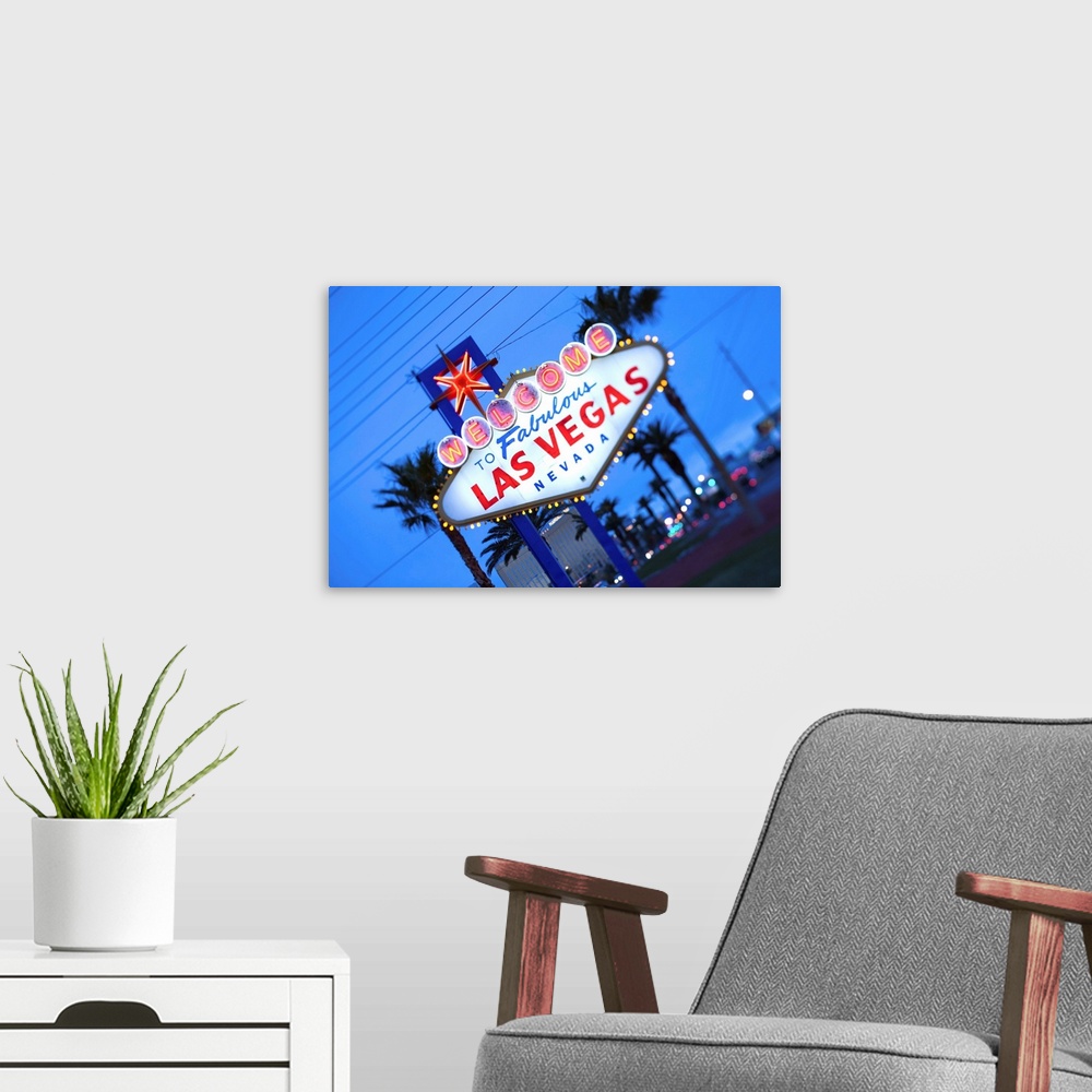 A modern room featuring USA, Nevada, Las Vegas, Welcome to Fabulous Las Vegas Sign, defocussed