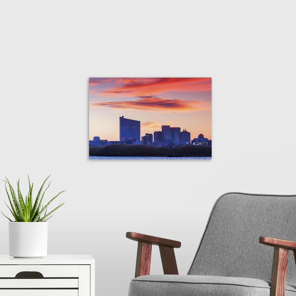 A modern room featuring USA, New Jersey, Atlantic City, city slkyine from the west, dawn