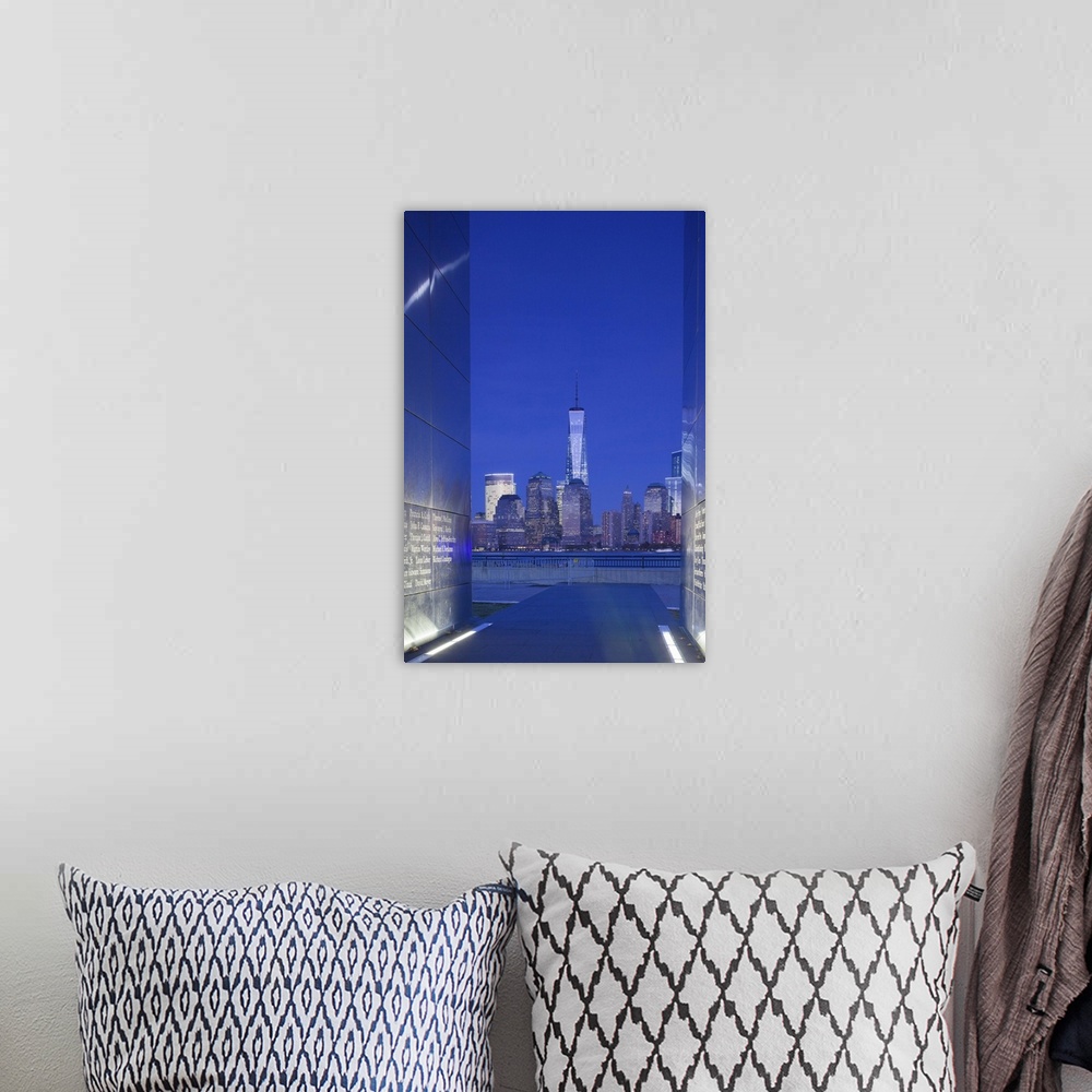 A bohemian room featuring USA, New Jersey, Jersey City, Liberty State Park, view through 9/11 memorial, Empty Sky, dusk