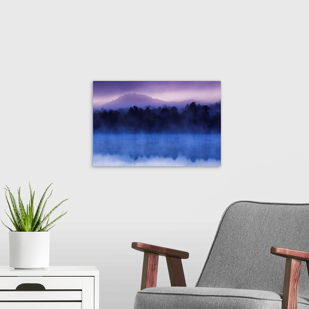 A modern room featuring USA, New York, Adirondack Mountains, Lake Placid, Mirror Lake, dawn fog