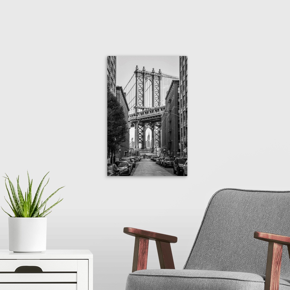 A modern room featuring USA, New York, Brooklyn, Dumbo, Manhattan Bridge.