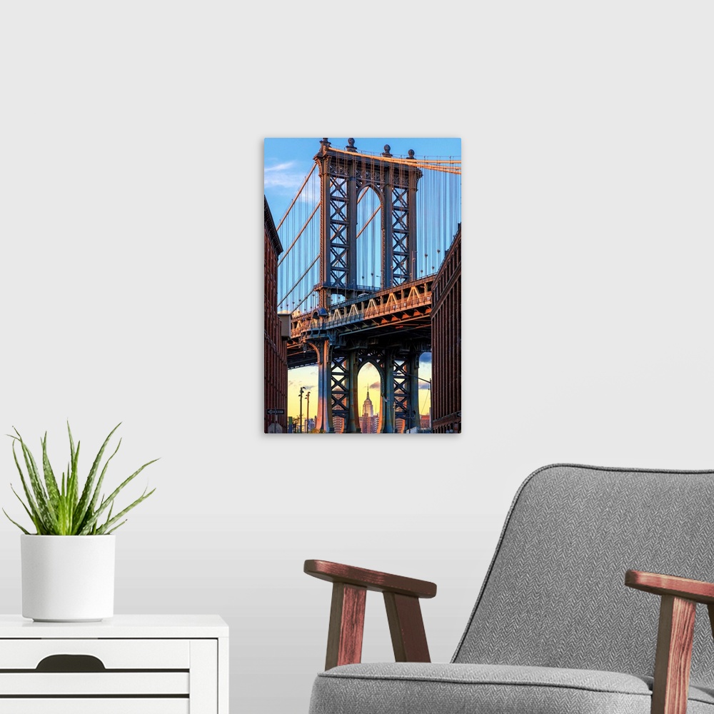 A modern room featuring USA, New York, Brooklyn, Dumbo, Manhattan Bridge and Empire State Building.