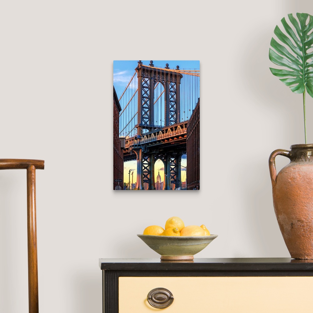 A traditional room featuring USA, New York, Brooklyn, Dumbo, Manhattan Bridge and Empire State Building.