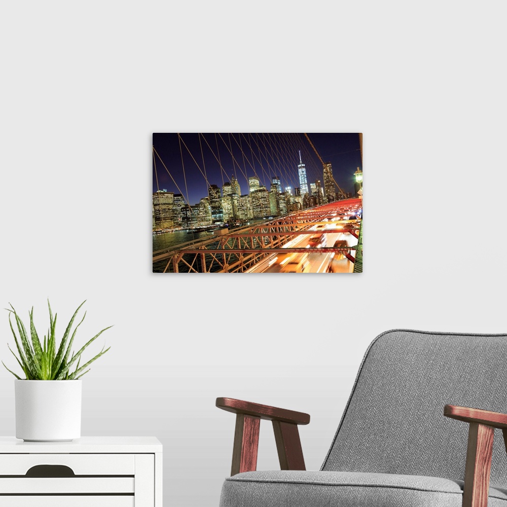 A modern room featuring USA, New York City, Brooklyn Bridge and Lower Manhattan Skyline.