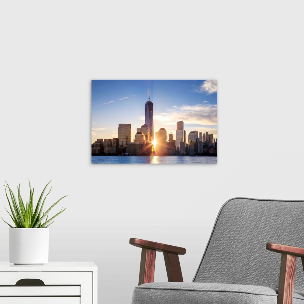 A modern room featuring USA, New York, New York City, Lower Manhattan Skyline.