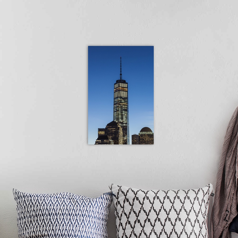 A bohemian room featuring USA, New York, New York City,  Lower Manhattan skyline with Freedom Tower from Jersey City, dawn