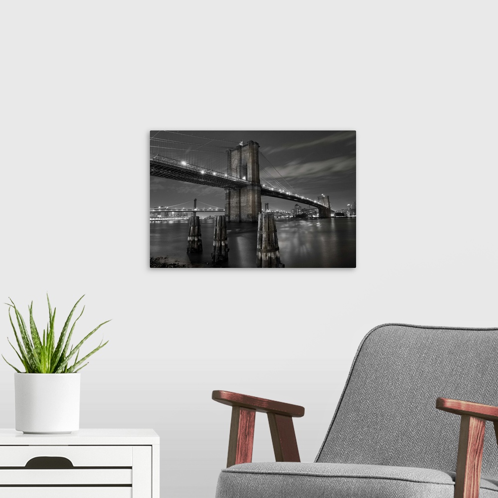 A modern room featuring USA, New York City, Manhattan,  The Brooklyn and Manhattan Bridges spanning the East river