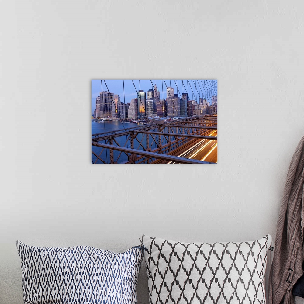 A bohemian room featuring USA, New York City, Manhattan,  Downtown Financial District City Skyline viewed from the Brooklyn...