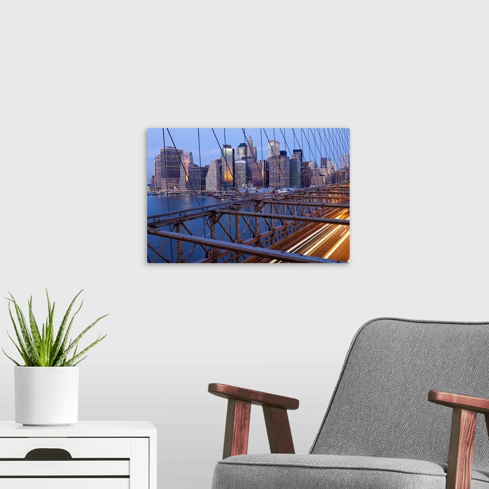 A modern room featuring USA, New York City, Manhattan,  Downtown Financial District City Skyline viewed from the Brooklyn...
