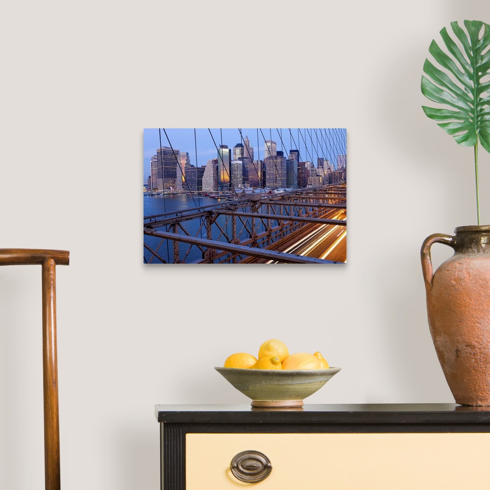A traditional room featuring USA, New York City, Manhattan,  Downtown Financial District City Skyline viewed from the Brooklyn...