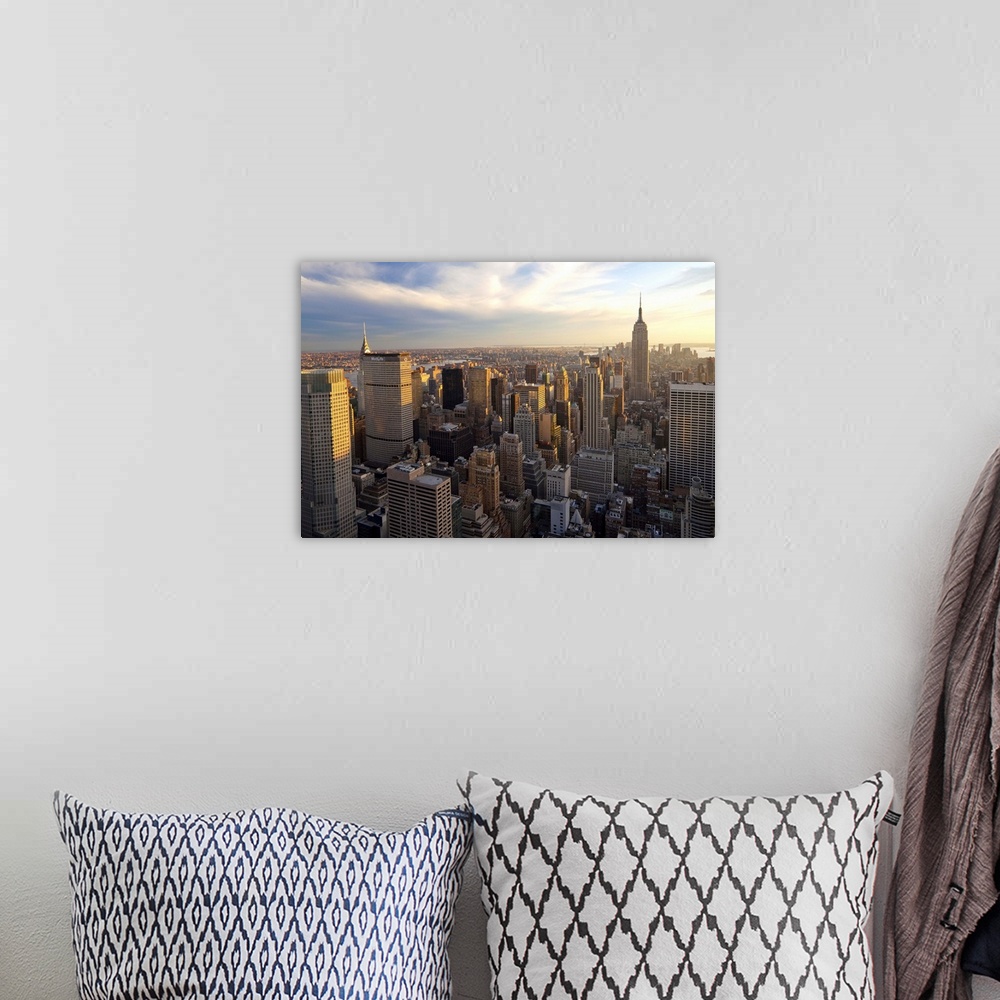 A bohemian room featuring USA, New York City, Manhattan,  View of Downtown Manhattan and the Empire State building from the...