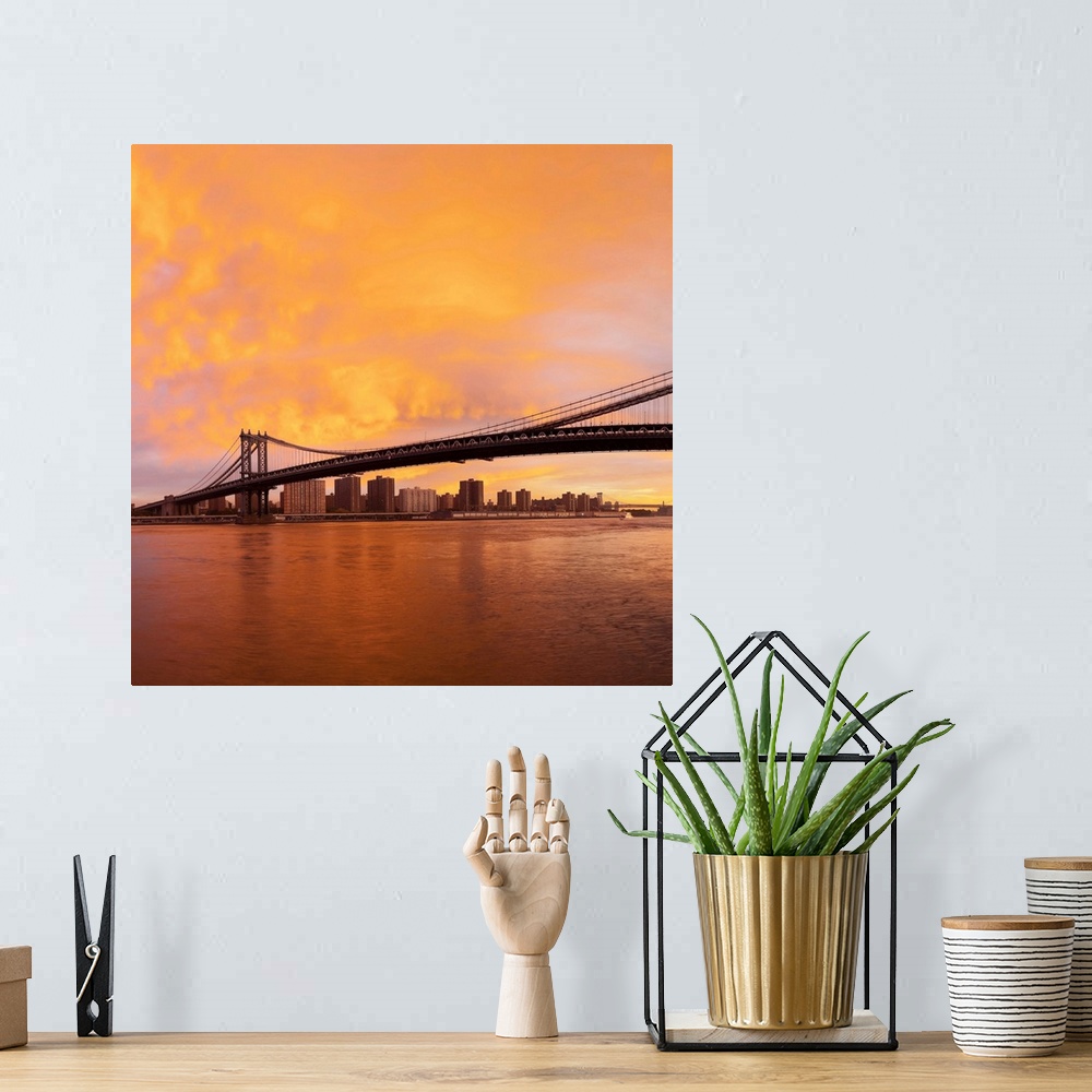 A bohemian room featuring USA, New York City, Manhattan, The Brooklyn and Manhattan Bridges spanning the East river