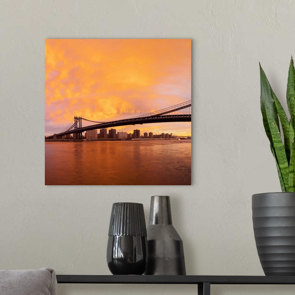 A modern room featuring USA, New York City, Manhattan, The Brooklyn and Manhattan Bridges spanning the East river
