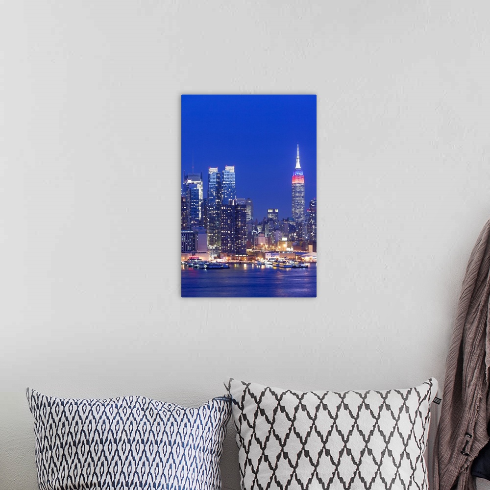 A bohemian room featuring USA, New York, New York City, elevated view of midtown Manhattan fand Empire State Building from ...
