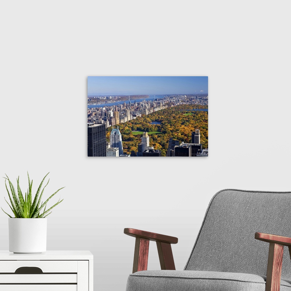 A modern room featuring USA, New York City, Manhattan,  View of Uptown Manhattan and Central Park from the viewing deck o...