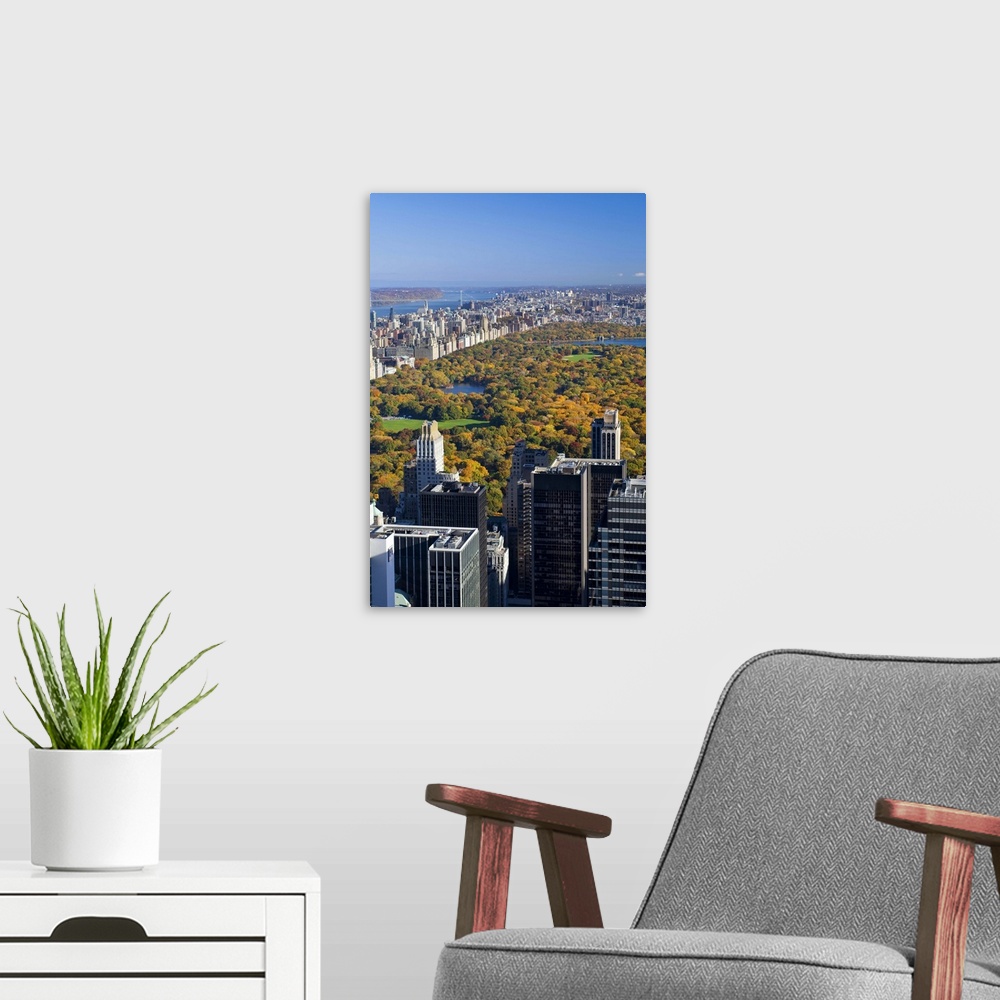 A modern room featuring USA, New York City, Manhattan,  View of Uptown Manhattan and Central Park from the viewing deck o...