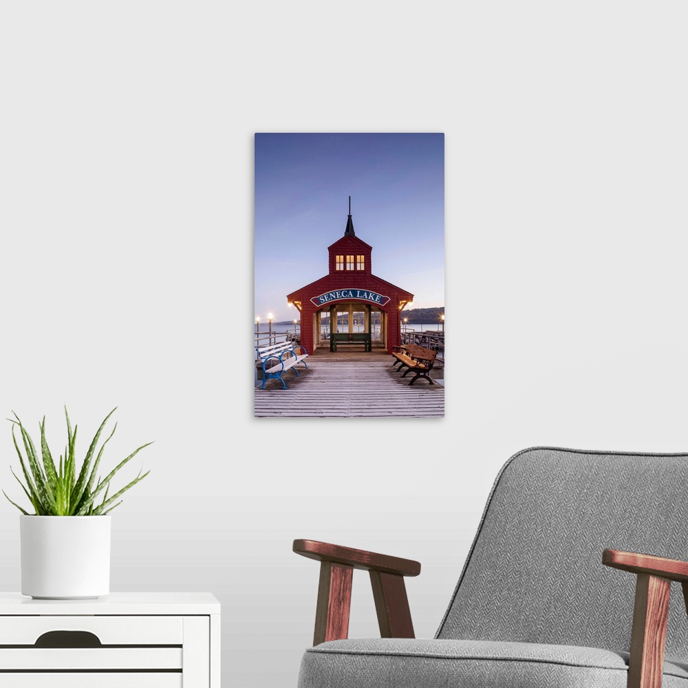 A modern room featuring USA, New York, Finger Lakes Region, Watkins Glen, Seneca Lake pier, dawn