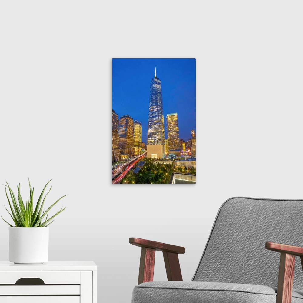 A modern room featuring USA, New York, Manhattan, Downtown, World Trade Center, Freedom Tower or One World Trade Center.