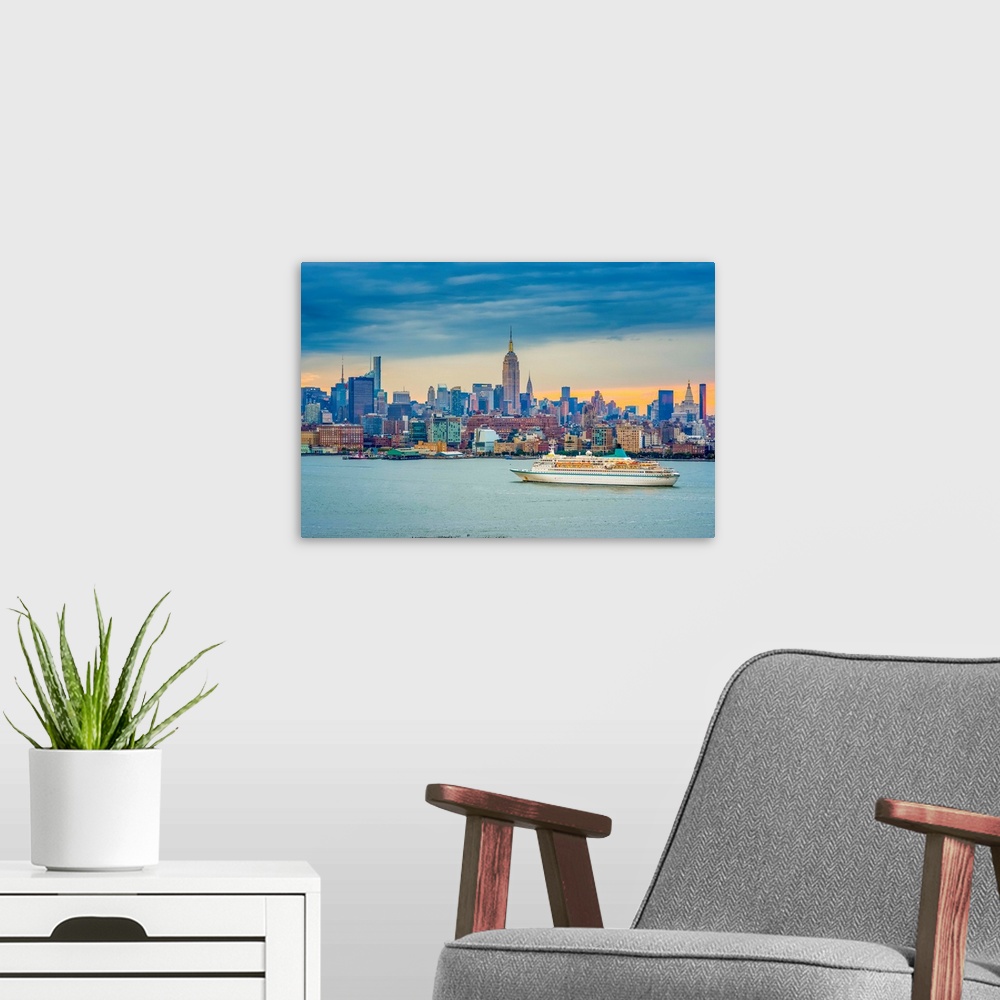 A modern room featuring USA, New York, Manhattan, Midtown Manhattan and Empire State Building across Hudson River.