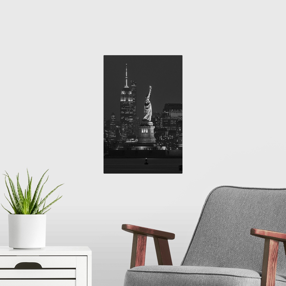 A modern room featuring USA, New York, Manhattan, Skyline with Statue of Liberty.