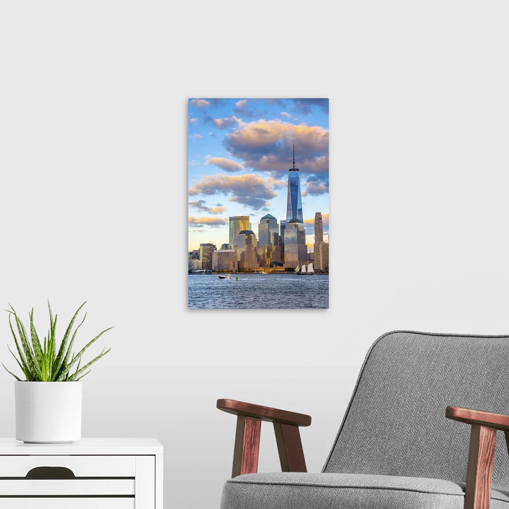 A modern room featuring USA, New York, Manhattan, Lower Manhattan and World Trade Center, Freedom Tower.