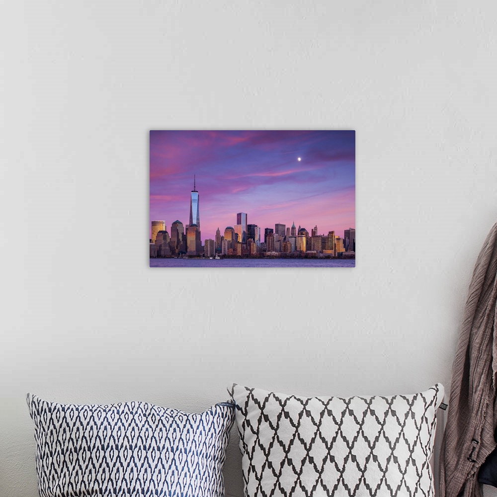 A bohemian room featuring USA, New York, New York City, lower Manhattan and Freedom Tower, dusk