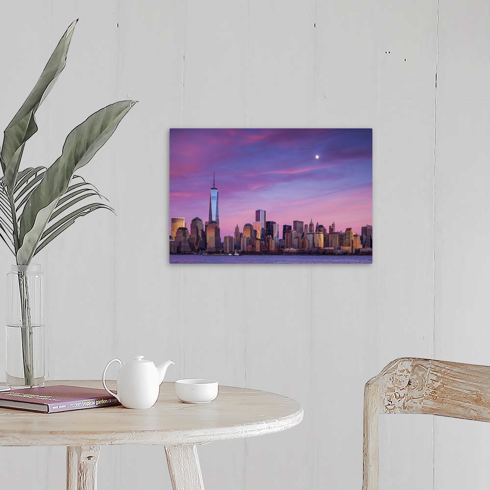 A farmhouse room featuring USA, New York, New York City, lower Manhattan and Freedom Tower, dusk