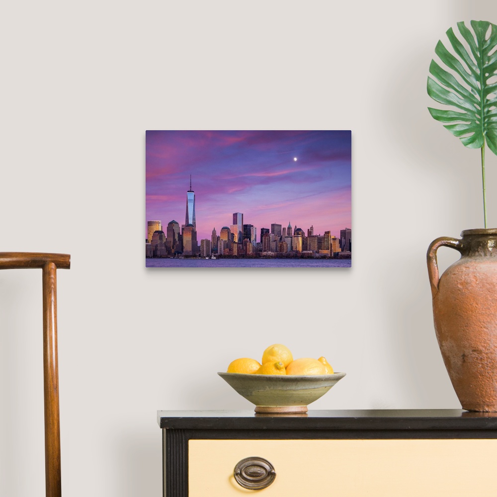 A traditional room featuring USA, New York, New York City, lower Manhattan and Freedom Tower, dusk