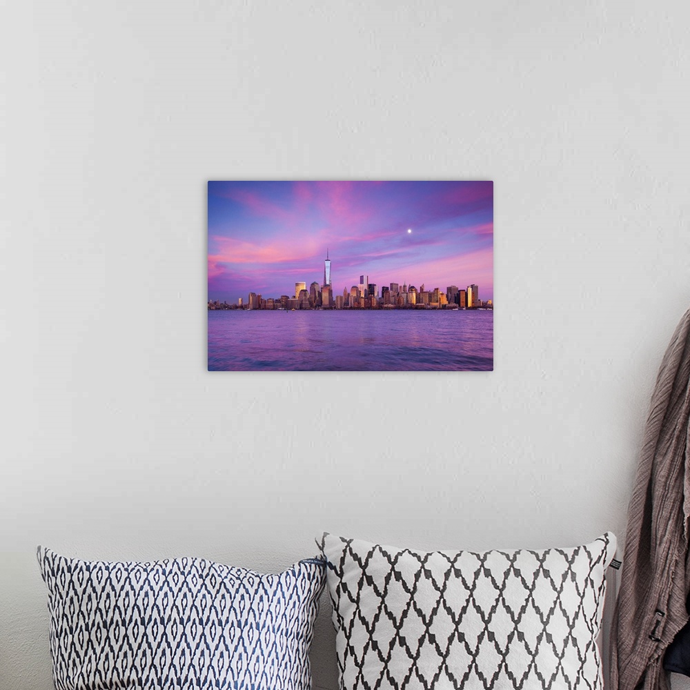 A bohemian room featuring USA, New York, New York City, lower Manhattan and Freedom Tower, dusk