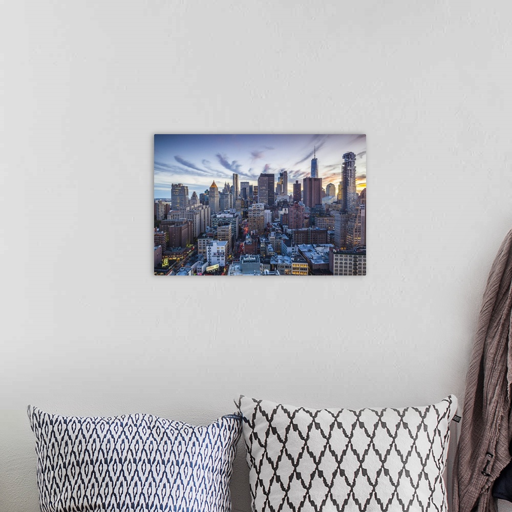 A bohemian room featuring USA, New York, New York City, Lower Manhattan, elevated view, dusk