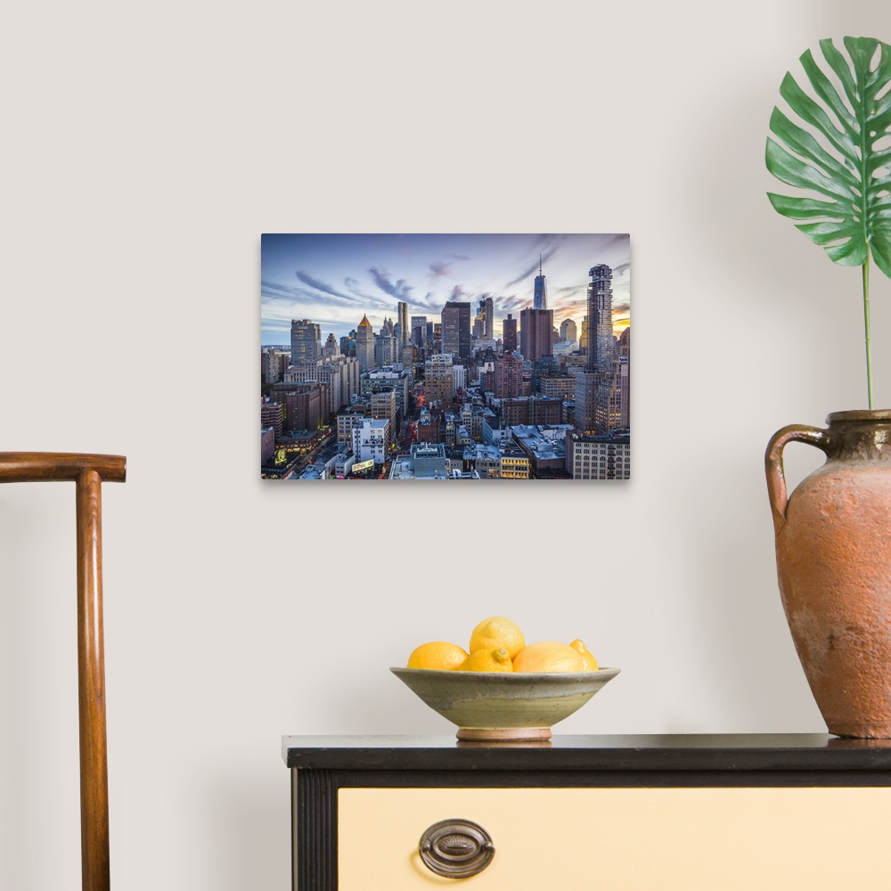 A traditional room featuring USA, New York, New York City, Lower Manhattan, elevated view, dusk