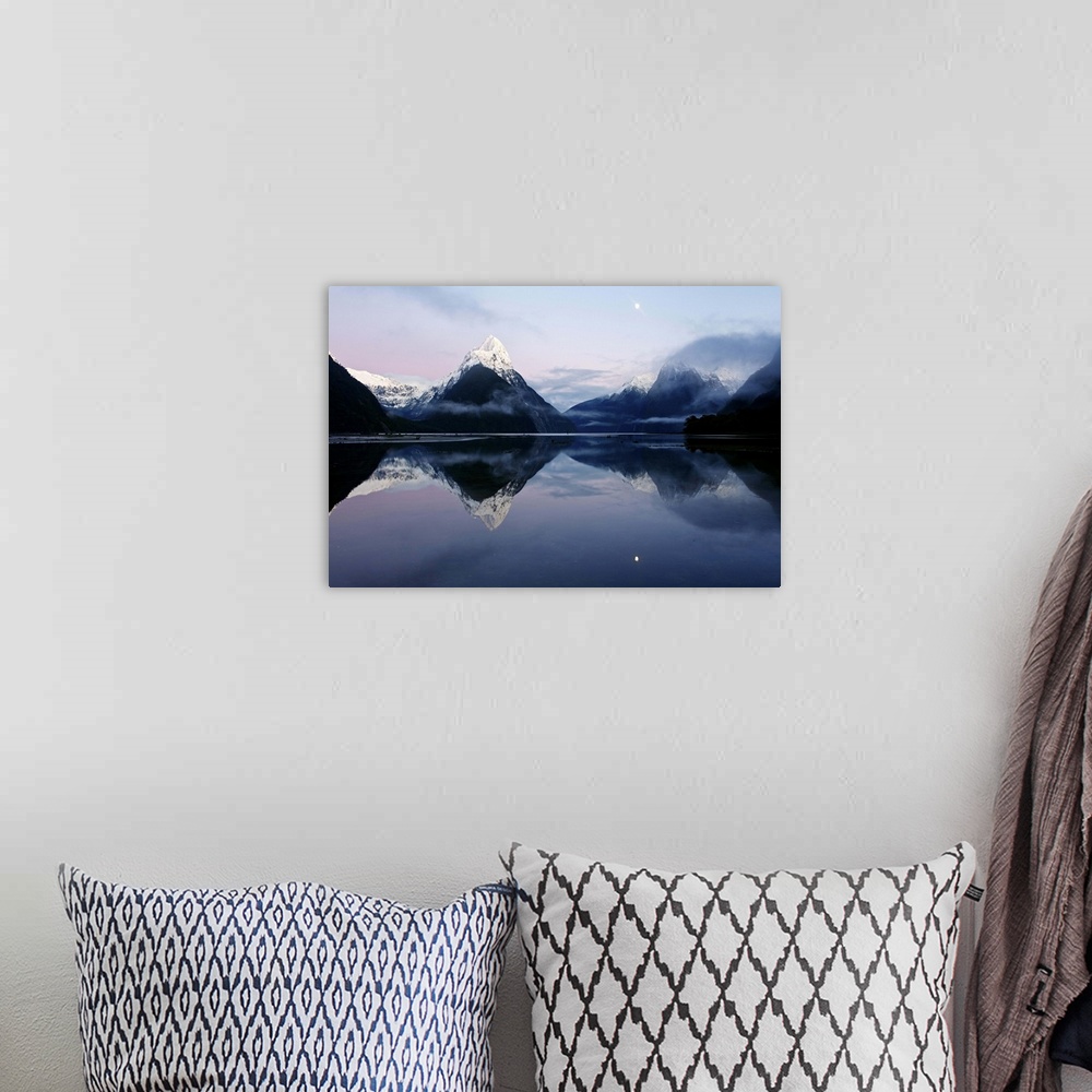 A bohemian room featuring New Zealand, Nuova Zelanda, Fiordland, Milford Sound and moon during a cold and misty sunrise.