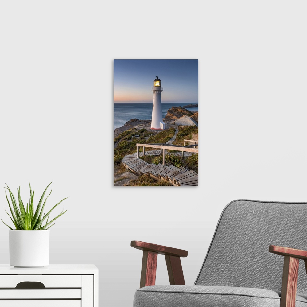 A modern room featuring New Zealand, North Island, Castlepoint Lighthouse, morning light.