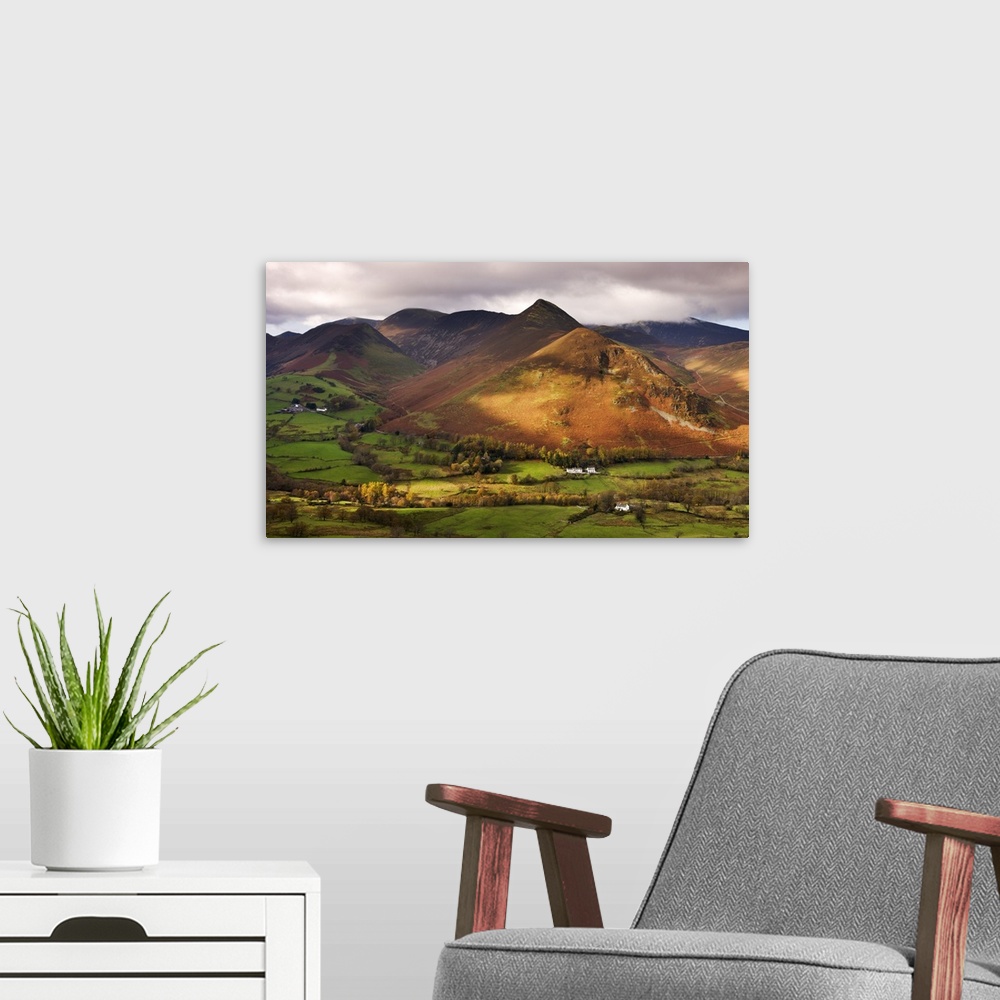 A modern room featuring Newlands Valley and Causey Pike, Lake District National Park, Cumbria, England. Autumn, November,...