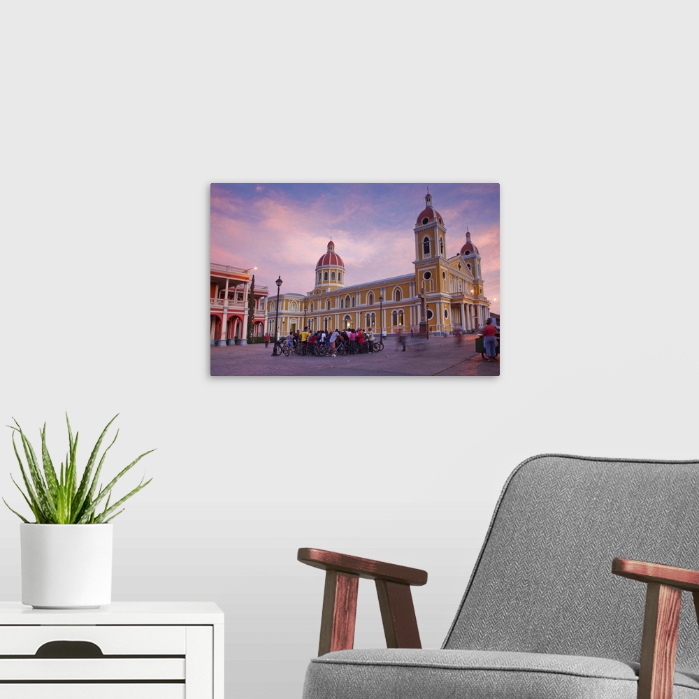 A modern room featuring Nicaragua, Granada, Park Colon, Park Central, Cathedral de Granada at sunset