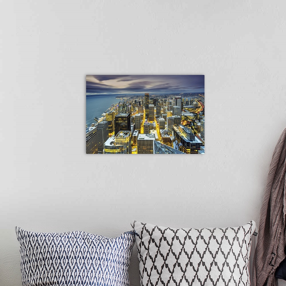 A bohemian room featuring Night aerial view of downtown's skyline, Seattle, Washington, USA.